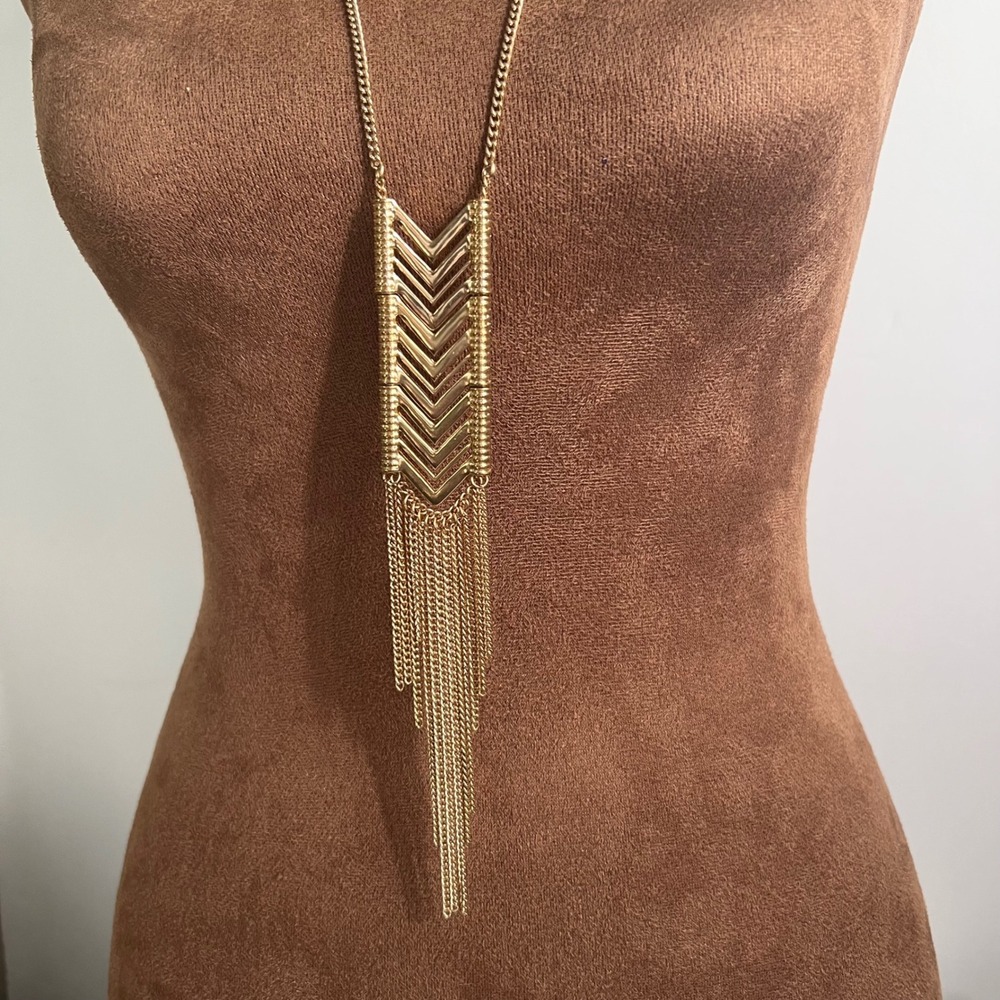 Gold Chevron Fringe Tassel Long Statement Necklace 26+2 In Size L